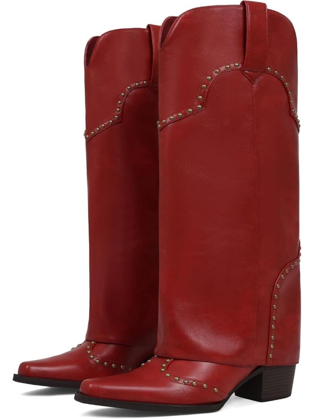 Women's Red Fold Over Knee High Chunky Heel Over Studded Snip Toe Shark Boots
